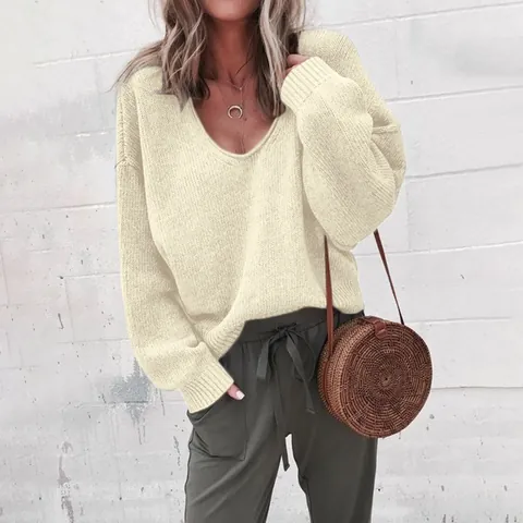 Dames Casual V-Hals Lange Mouw Gebreide Trui Losse Effen Kleur Pullover Top Zacht Warm Herfst Winter Mode Kleding