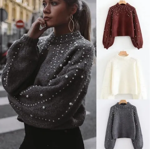 Elegant Acrylic Pearl Embellished Sweater Women Crewneck Lantern Sleeve Pullover Loose Knit Jumper Solid Casual Top