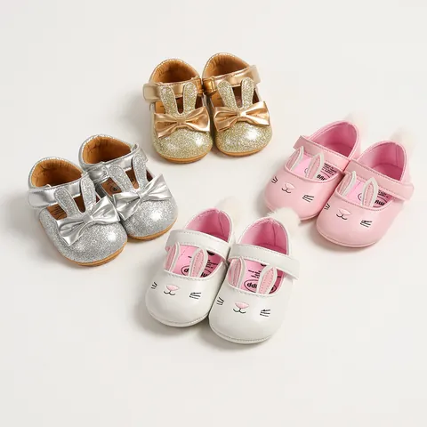 Baby Girl Soft Sole Princess Shoes Cute Rabbit Ear Bow Glitter PU Leather First Walkers Toddler Shoes With Lace Socks