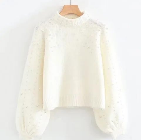Elegant Acrylic Pearl Embellished Sweater Women Crewneck Lantern Sleeve Pullover Loose Knit Jumper Solid Casual Top