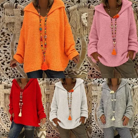 Suéter de Punto Grueso Informal para Mujer con Capucha Pullover Oversize Cuello en V Color Sólido Manga Larga Suéter Cálido Moda Punto Holgado