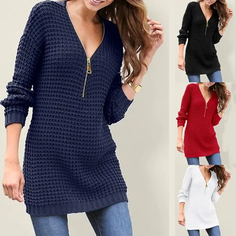 Women's V-Neck Zipper Waffle Knit Sweater Autumn Winter Long Sleeve Pullover Elegant Acrylic Slim Fit Knitted Top