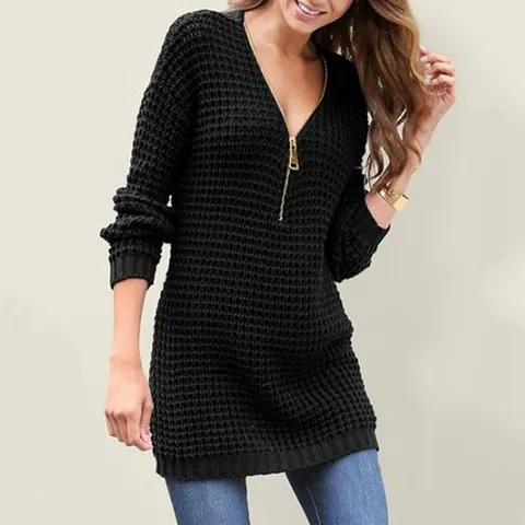 Women's V-Neck Zipper Waffle Knit Sweater Autumn Winter Long Sleeve Pullover Elegant Acrylic Slim Fit Knitted Top