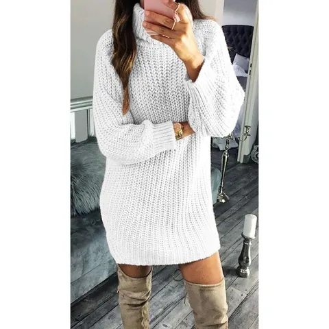 Damen Mode Einfarbig Acryl Strickkleid Casual Locker Hoher Kragen Langarm Pullover Kleid Für Herbst Winter