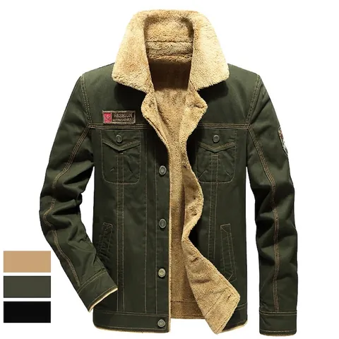 Men Military Style Winter Jacket Thickened Fleece Lined Cotton Padded Coat Turn-down Collar Warm Cargo Jacket For Outdoor