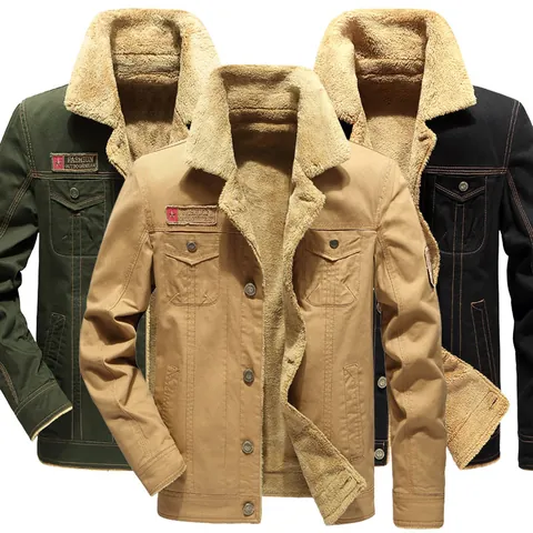 Men Military Style Winter Jacket Thickened Fleece Lined Cotton Padded Coat Turn-down Collar Warm Cargo Jacket For Outdoor