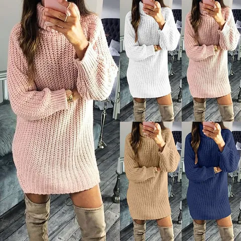 Women Fashion Solid Color Acrylic Knit Dress Casual Loose High Neck Long Sleeve Sweater Dress For Autumn Winter