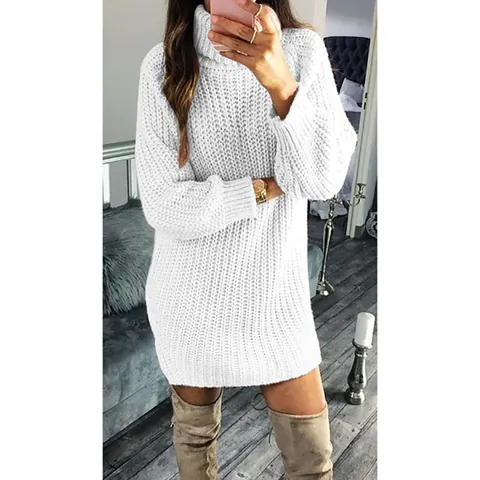 Women Fashion Solid Color Acrylic Knit Dress Casual Loose High Neck Long Sleeve Sweater Dress For Autumn Winter