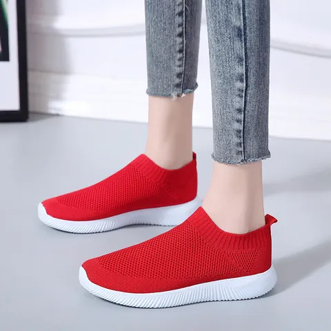 Women's Flyknit Sock Sneakers Slip-on Mesh Breathable Comfortable Casual Loafers Flat Shoes For Daily Walking Lightweight