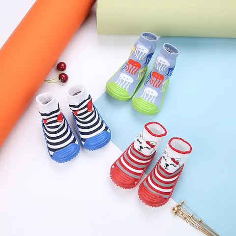 Toddler Baby Sock Shoes Cartoon Striped First Walkers Soft TPR Rubber Non-Slip Sole Cotton Knit Floor Socks For Boys Girls