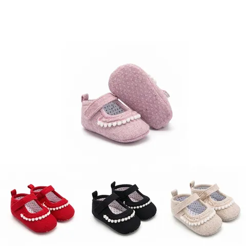 Infant Baby Girls Princess Prewalker Shoes Soft Sole Cotton Fabric Mary Jane Flats With Pom Pom Decoration Pink Red