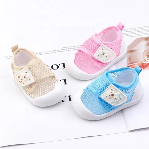 Baby Toddler Walking Shoes Hollow Mesh Breathable Non-Slip Soft Sole Cartoon Bear Velcro Sandals For 0-2 Years Old Boys Girls