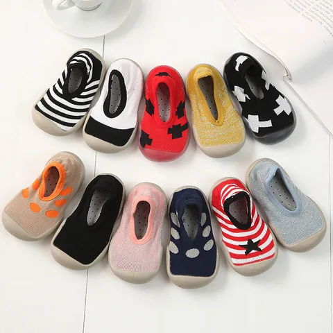 Baby Toddler First Walker Shoes Non-slip Rubber Soft Sole Sock Shoes Breathable Cotton Knit Indoor Floor Shoes Infant Cartoon Animal Pattern Sneakers