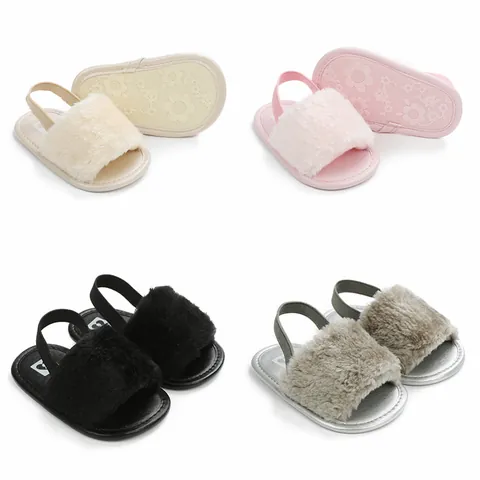 Baby Girl Faux Fur Princess Prewalker Shoes Elastic Back Strap Soft Sole Toddler First Walkers Flat Sandals Floral Anti-Slip Summer Infant Shoes