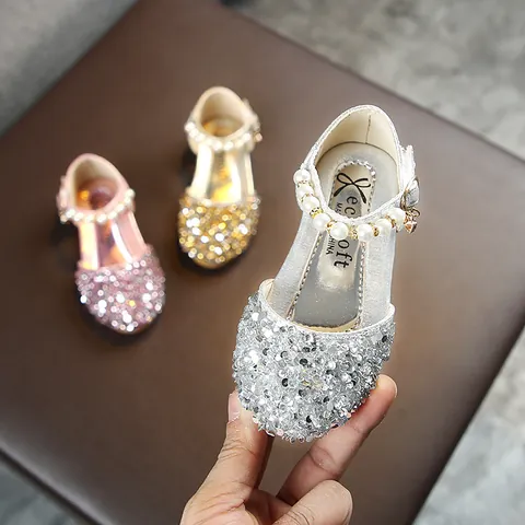 Girls Sequin Princess Shoes Artificial Leather Pearl Strap Mary Jane Flats For Kids Dance Performance Wedding Party