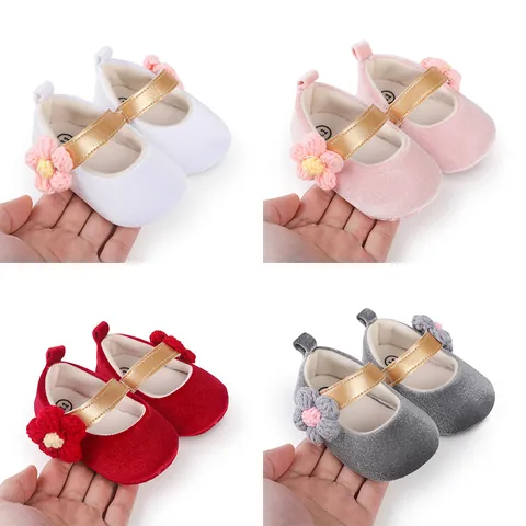 Baby Girls Princess First Walkers Shoes Cotton Soft Sole Toddler Mary Jane Shoes With Knitted Flower Decor Newborn Infant Walking Shoes