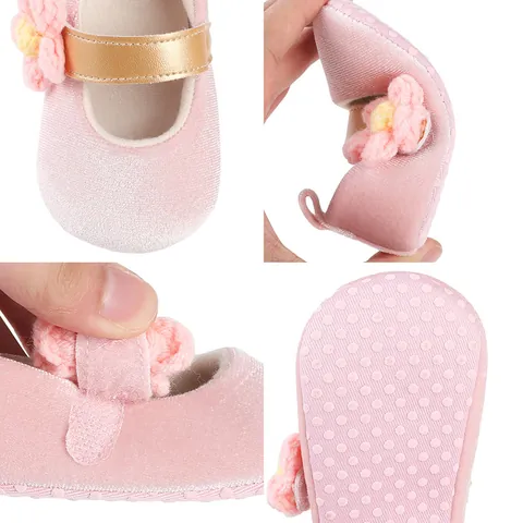 Baby Girl First Walker Shoes Cotton Velvet Princess Soft Sole Mary Jane With Knitted Flower Infant Toddler Newborn Party Dress Shoes