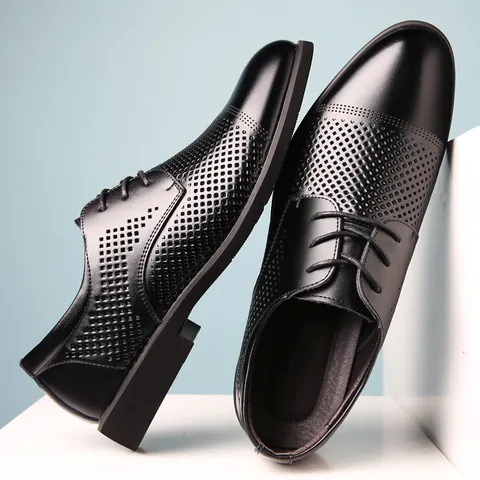 Men's Business Casual Leather Shoes Breathable Hollow Out Lace-up Low Top British Style Oxford Shoes For Office Daily