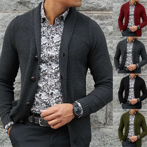 Men Shawl Collar Knit Cardigan Single Breasted Waffle Texture Acrylic Sweater Coat Casual Outwear For Men Winter