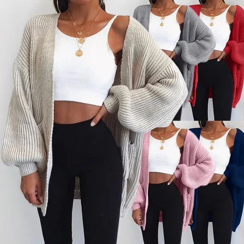 Women Casual Acrylic Chunky Knit Cardigan Mid-Length Oversized Open Front Sweater with Pockets Lantern Sleeves Winter Top