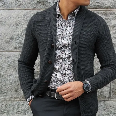 Men Shawl Collar Knit Cardigan Single Breasted Waffle Texture Acrylic Sweater Coat Casual Outwear For Men Winter