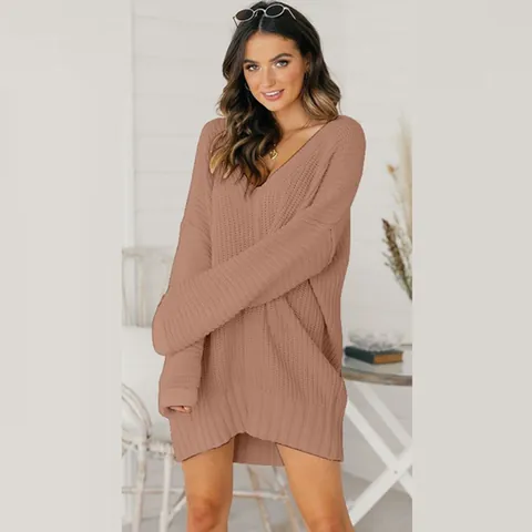 Women's V-Neck Knitted Sweater Dress Oversized Long Sleeve Pullover Knitwear Loose Casual Acrylic Solid Color Winter Top