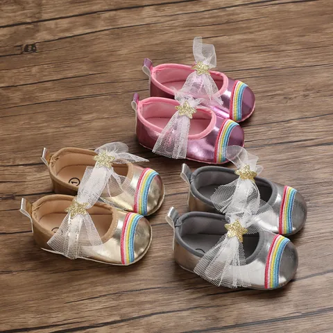 Baby Girls Walking Shoes Soft Sole Metallic Princess Crib Shoes With Rainbow Embroidery Mesh Bow Star Decor For Infant 0-1 Year
