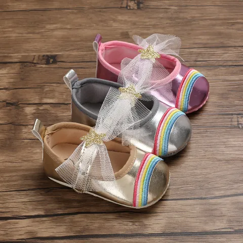 Baby Girls Walking Shoes Soft Sole Metallic Princess Crib Shoes With Rainbow Embroidery Mesh Bow Star Decor For Infant 0-1 Year