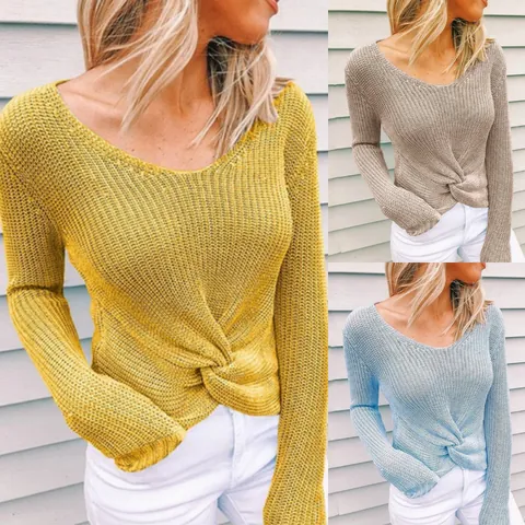 Suéter de Mujer con Cuello en V Nudo Torcido Jersey Suelto de Manga Larga Dobladillo Irregular Top de Punto Acrílico Casual
