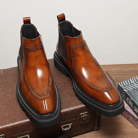 Men Genuine Leather Chelsea Boots High Gloss Brogue Carved Martin Boots Thick Sole Non-slip Winter Warm Short Boots Shoes
