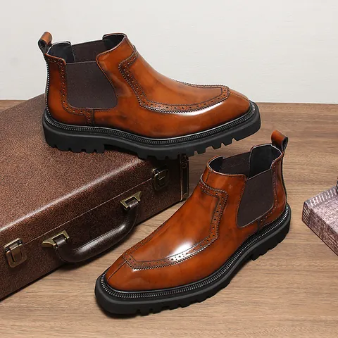 Men Genuine Leather Chelsea Boots High Gloss Brogue Carved Martin Boots Thick Sole Non-slip Winter Warm Short Boots Shoes