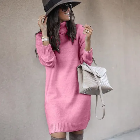 Elegante Dames Lange Coltrui Trui Jurk Herfst Winter Losse Acryl Gebreide Pullover Effen Kleur Lange Mouw Trui Top