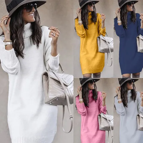 Elegante Dames Lange Coltrui Trui Jurk Herfst Winter Losse Acryl Gebreide Pullover Effen Kleur Lange Mouw Trui Top