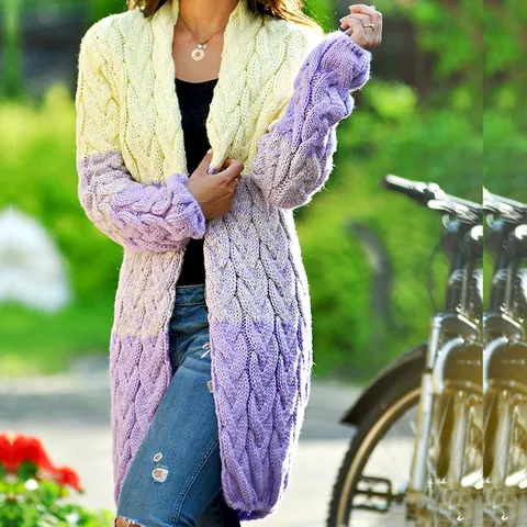 Women Cable Knit Open Front Cardigan Loose Color Block Long Sleeve Acrylic Knitted Sweater Mid-Length Casual Outerwear