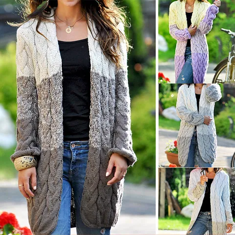 Women Cable Knit Open Front Cardigan Loose Color Block Long Sleeve Acrylic Knitted Sweater Mid-Length Casual Outerwear