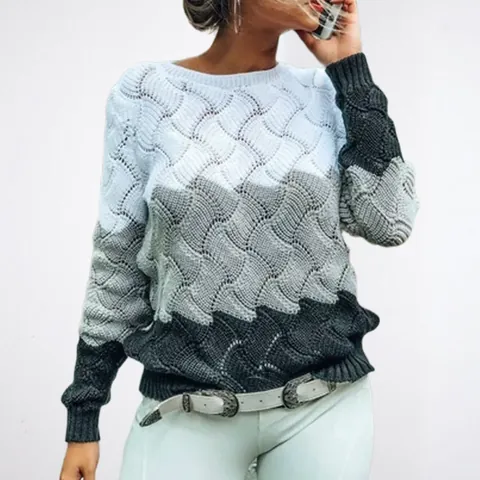 Women Rainbow Striped Knitted Sweater Crew Neck Long Sleeve Color Block Wave Pattern Loose Pullover Casual Autumn Winter Top