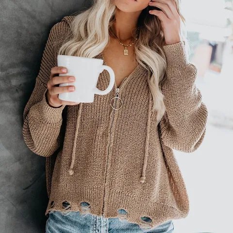 Women's Acrylic Hooded Zipper Loose Sweater Irregular Distressed Chunky Knit Cardigan Solid Color Fall Winter Top