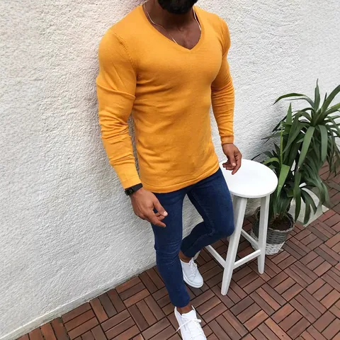 Men's Casual Slim Fit V-Neck Long Sleeve Knit Sweater Lightweight Solid Color Acrylic Pullover Fashion Jumper Top