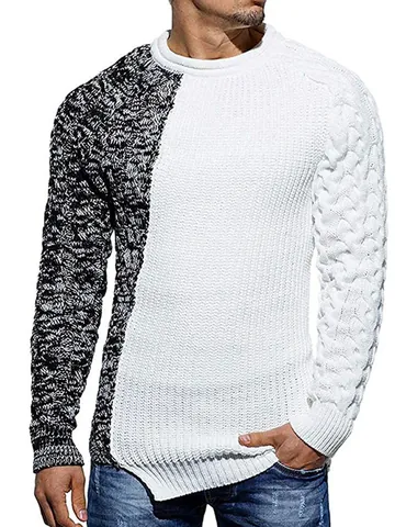 Men's Slim Fit Color Block Sweater Round Neck Long Sleeve Cable Knit Pullover For Autumn Winter Casual Daily Acrylic Knitwear