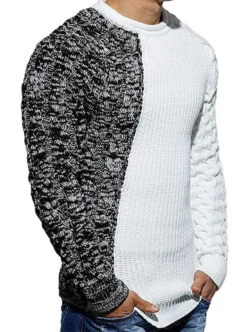 Men's Slim Fit Color Block Sweater Round Neck Long Sleeve Cable Knit Pullover For Autumn Winter Casual Daily Acrylic Knitwear