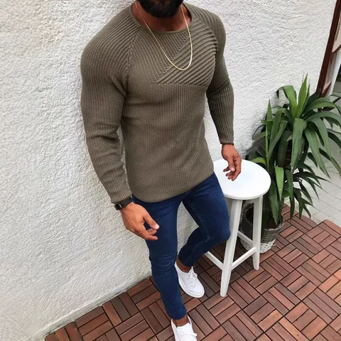 Men Slim Fit Knitted Sweater Crew Neck Pullover Long Sleeve Acrylic Ribbed Knitwear Urban Casual Autumn Winter Top