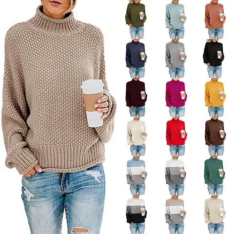 Suéter de Punto Casual de Cuello Alto para Mujer con Patchwork de Rayas Jersey de Manga Larga Holgado Cálido para Otoño Invierno