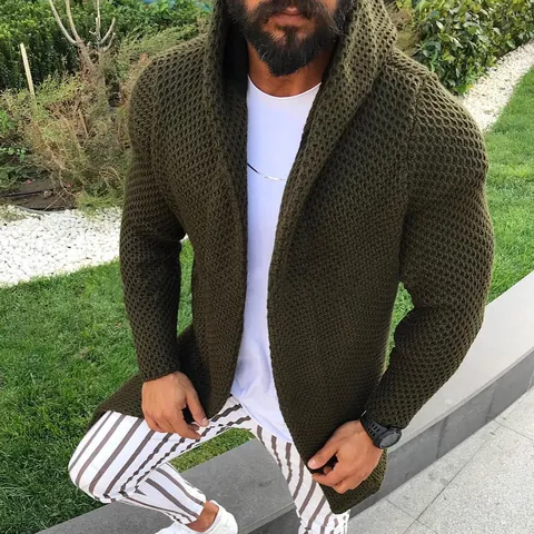 Men Hooded Open Front Knitted Cardigan Sweater Long Sleeve Solid Color Honeycomb Texture Acrylic Urban Casual Top