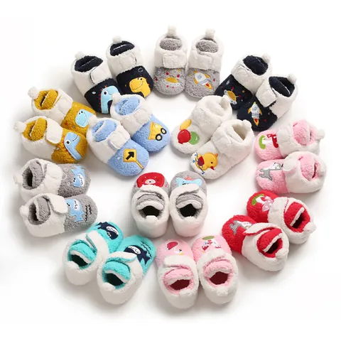 Baby Winter First Walker Shoes Soft Sole Fleece Lined Cartoon Pattern Infant Warm Toddler Booties Coral Fleece Magic Tape Shoes