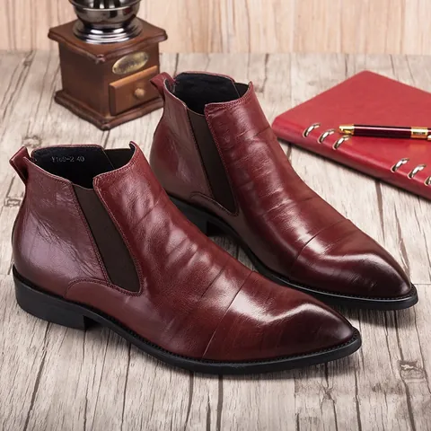 Men Genuine Leather Chelsea Boots Pointed Toe Business Ankle Boots British Style Non-slip Tumbled Leather Martin Boots