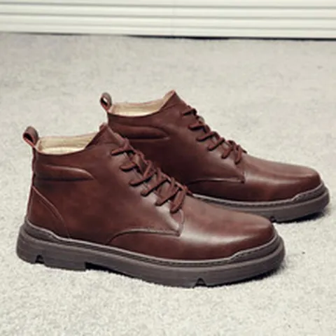 Bottines Martin pour Hommes Style Britannique Chaussures de Travail en Croûte de Cuir Hautes Hiver Chaud Décontracté Rétro Antidérapantes
