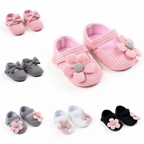 Baby Girl Princess Toddler Shoes Soft Sole Cotton Knit Bow Flower First Walker Crib Shoes Infant Non-Slip Comfy Shoes