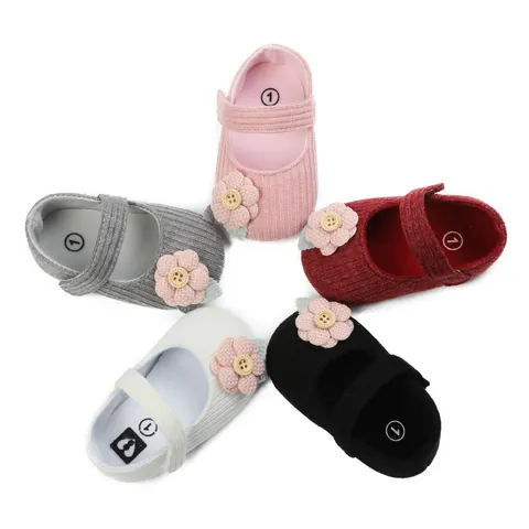 Baby Girls Princess First Walker Shoes Soft Sole Knitted Cotton Fabric Floral Wooden Button Mary Jane Toddler Shoes Party Infant Footwear