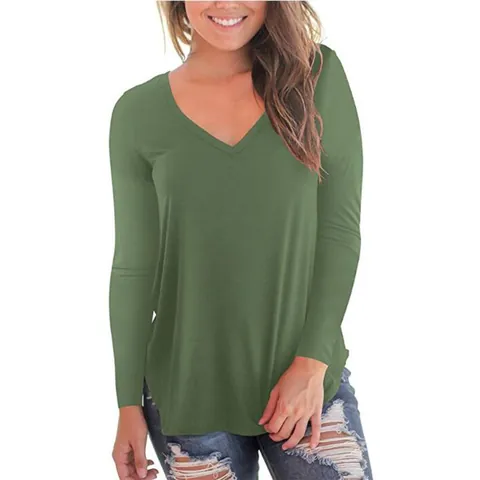 Γυναικείο Casual T-Shirt με Λαιμόκοψη V και Μακρύ Μανίκι Μονόχρωμο Μείγμα Βαμβακιού Χαλαρή Εφαρμογή Βασικό Τοπ