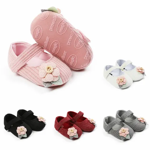 Baby Girls Princess First Walker Shoes Soft Sole Knitted Cotton Fabric Floral Wooden Button Mary Jane Toddler Shoes Party Infant Footwear